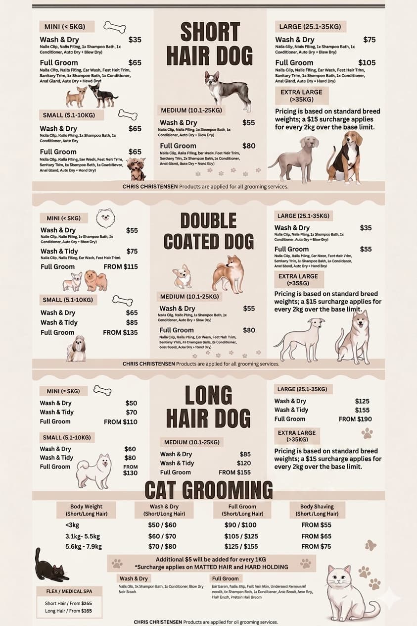 Purefur Pet Spa grooming price list menu page 1