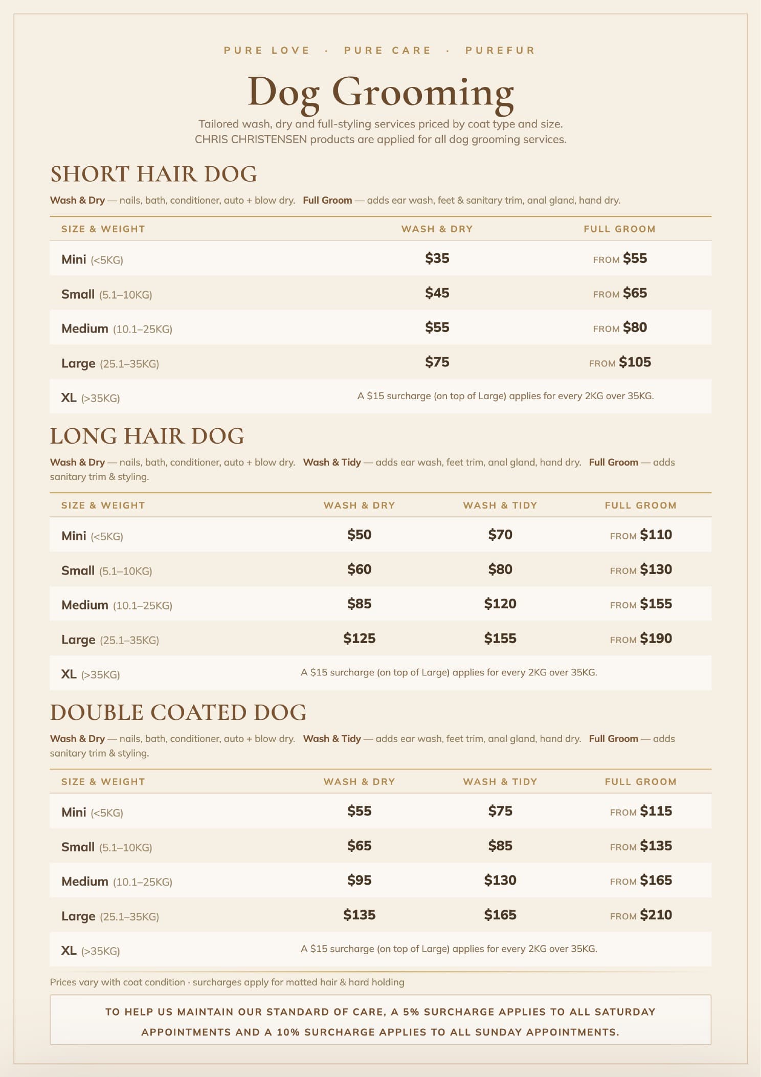 Purefur Pet Spa grooming price list menu page 1