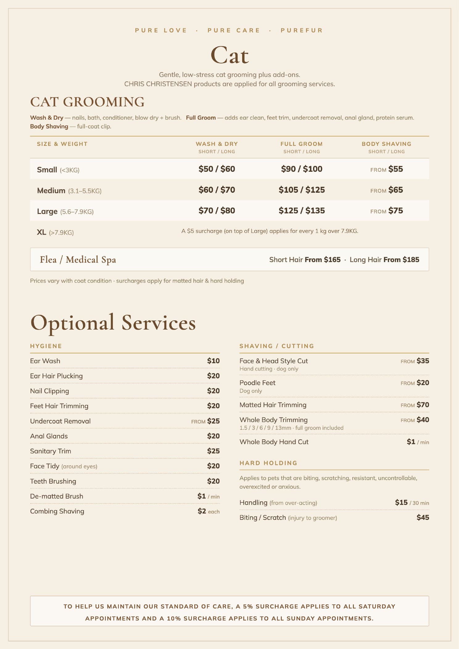 Purefur Pet Spa grooming price list menu page 2